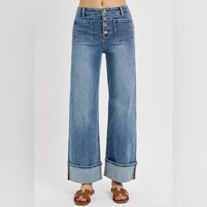 RISEN High Rise Ankle Wide Button Patch Pocket Cuffed Jeans